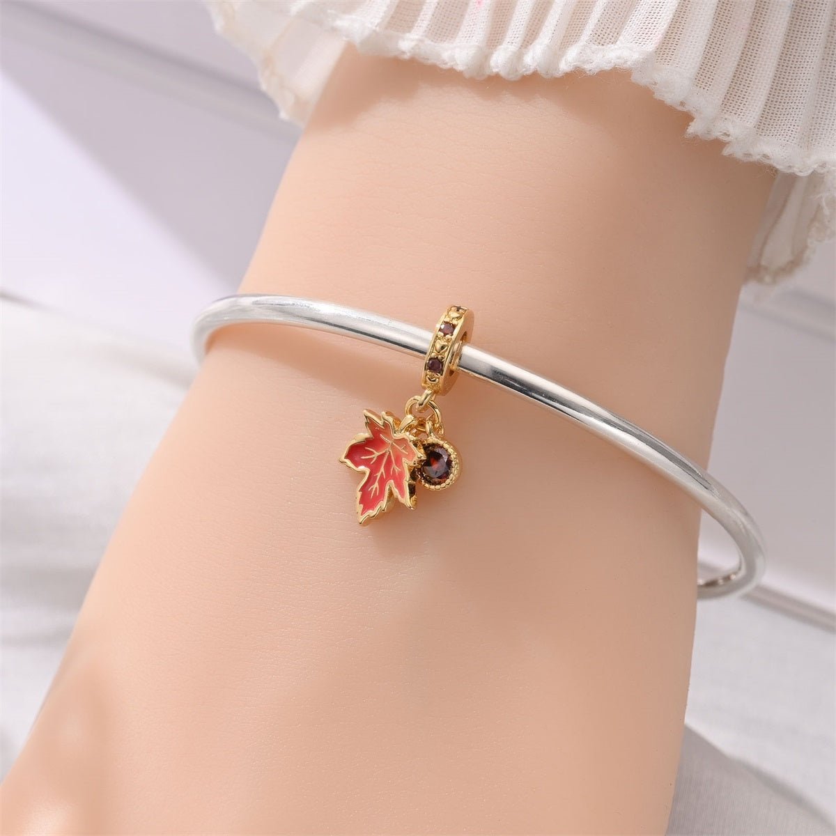 Pangama Jewelry Golden Maple Leaf & Red Crystal Dangle Charm
