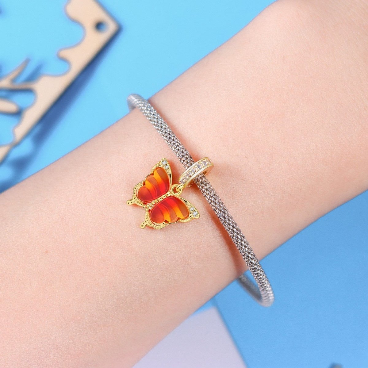 Pangama Jewelry Pink & Yellow Murano Glass Butterfly Dangle Charm