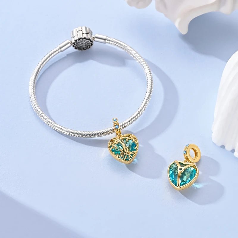 Pangama Jewelry Golden Tree of Life Blue Heart Dangle Charm