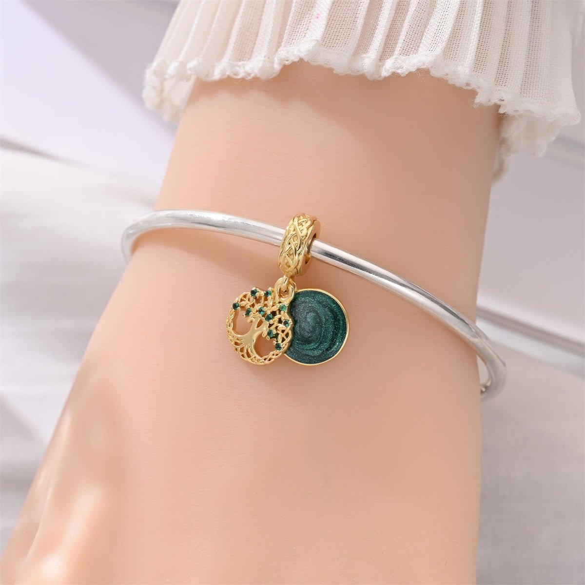 Pangama Jewelry Golden Tree of Life with Green Crystal Dangle Charm