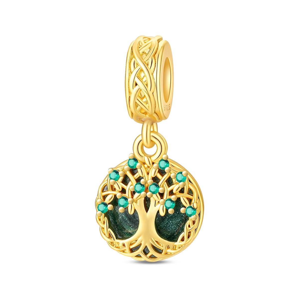 Pangama Jewelry Golden Tree of Life with Green Crystal Dangle Charm