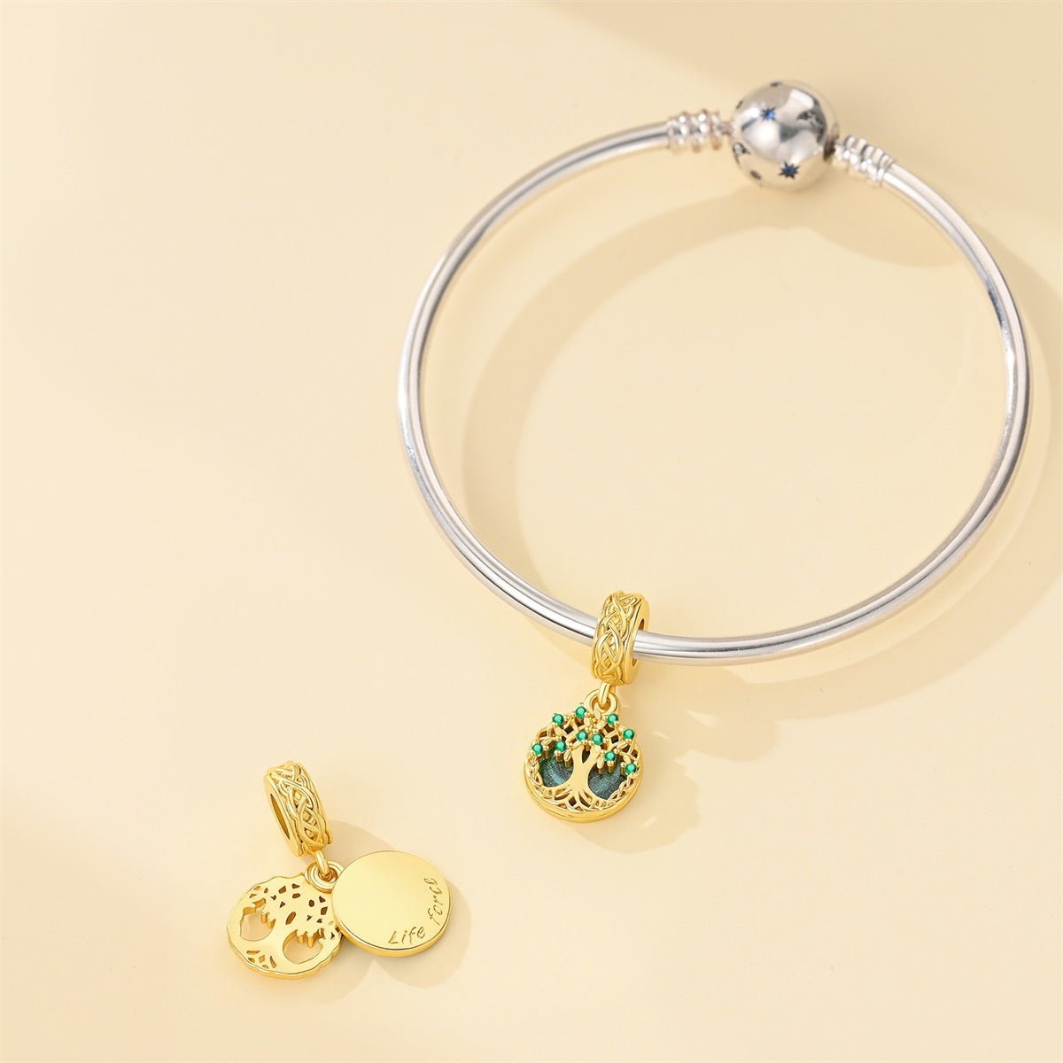 Pangama Jewelry Golden Tree of Life with Green Crystal Dangle Charm