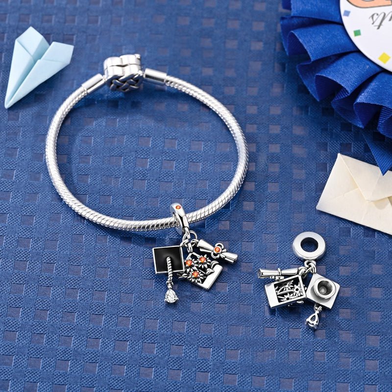 Pangama Jewelry Graduation Cap, Diploma & Flower Bouquet Dangle Charm