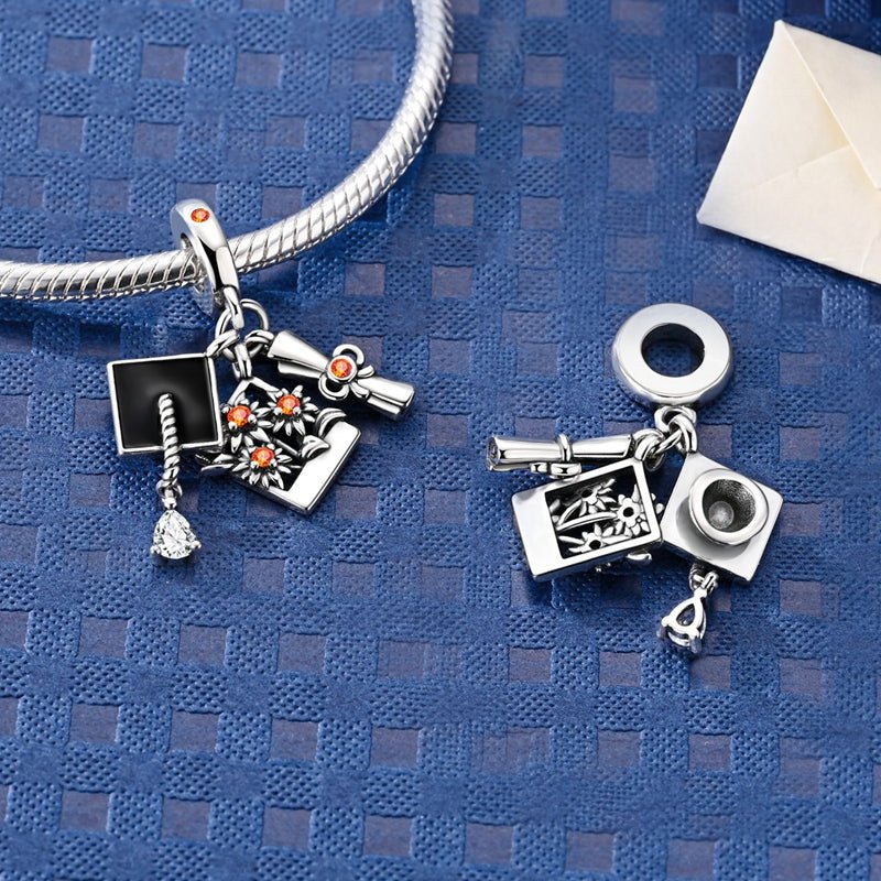 Pangama Jewelry Graduation Cap, Diploma & Flower Bouquet Dangle Charm