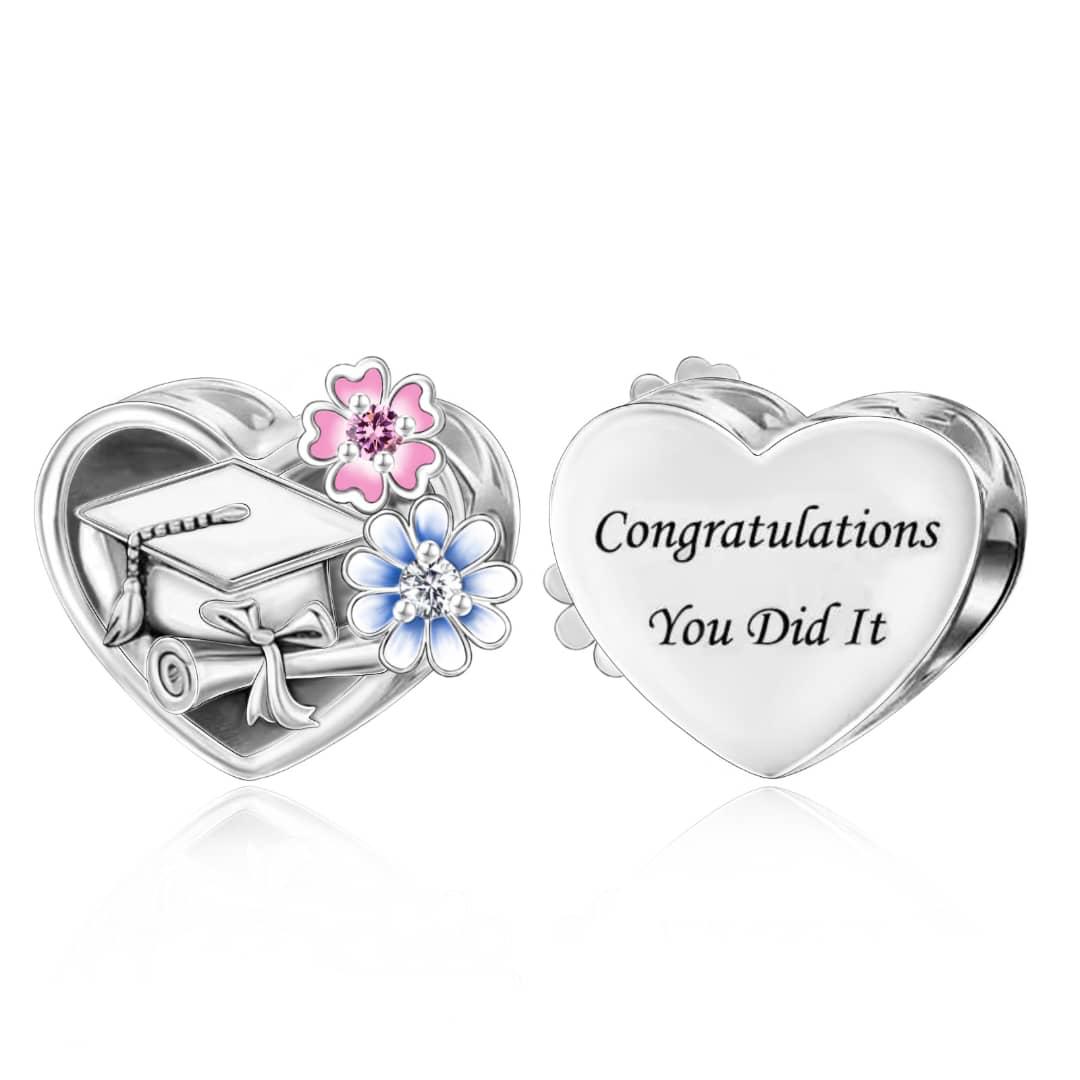 Pangama Jewelry Graduation Cap & Diploma with Flowers "Congratulations You Did It" Heart Charm
