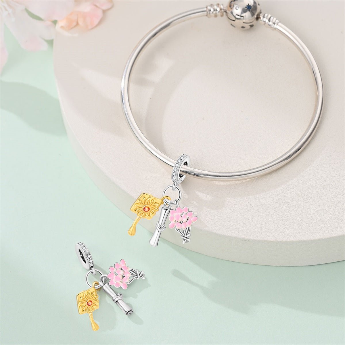 Pangama Jewelry Graduation Diploma, Bouquet & Cap Tassel Dangle Charm