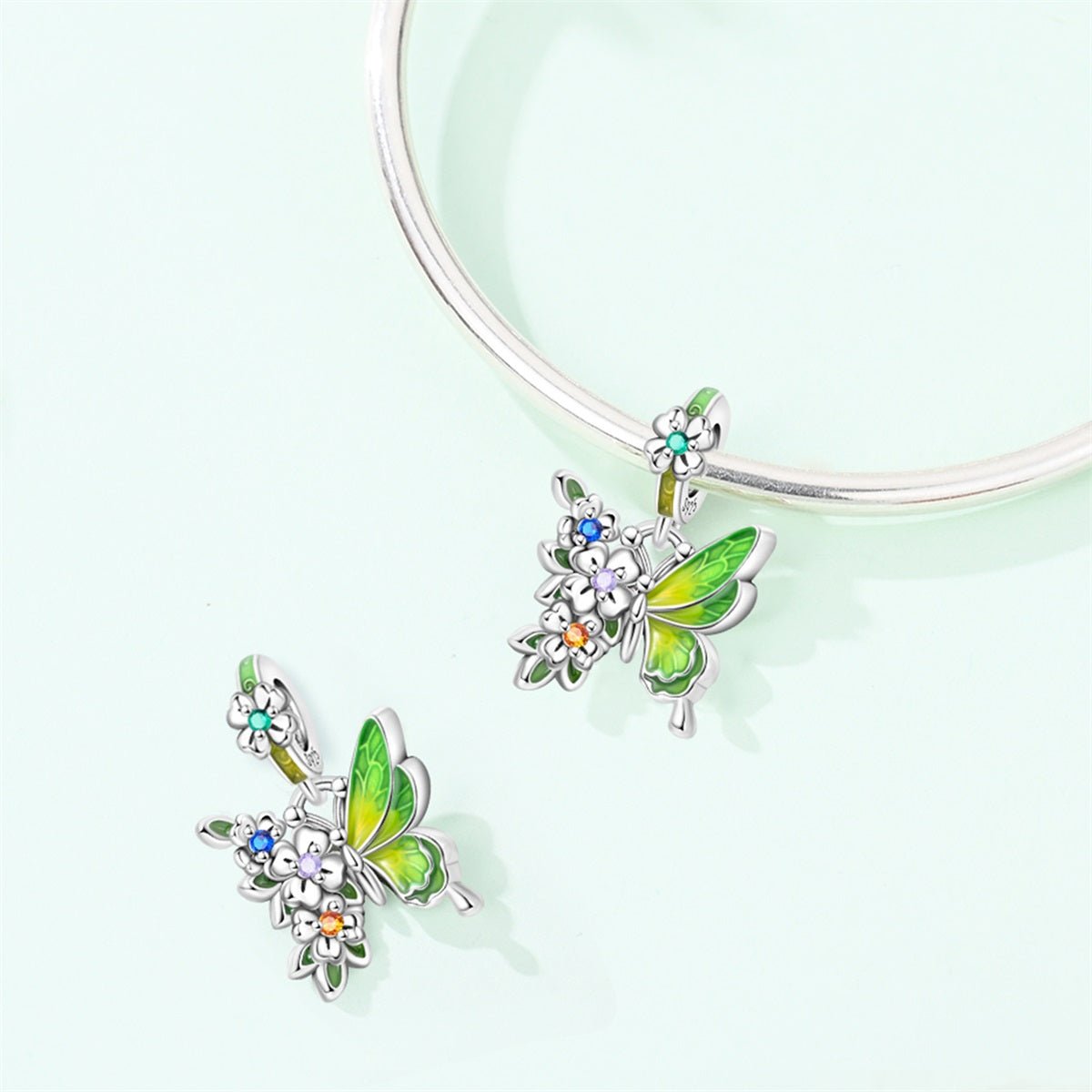 Pangama Jewelry Green Butterfly & Multicolor Flower Dangle Charm