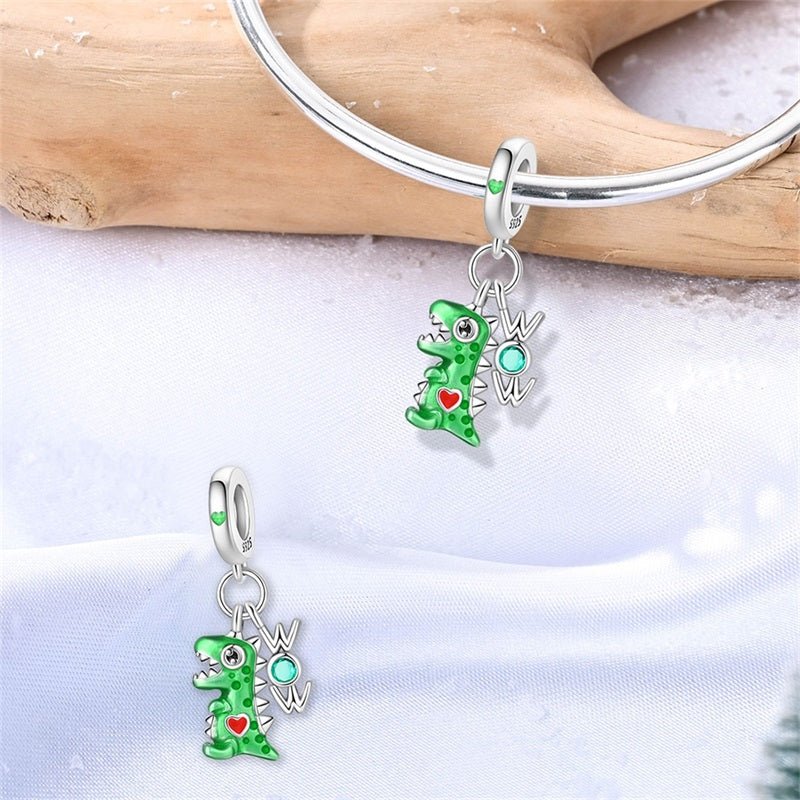 Pangama Jewelry Green Dinosaur with WOW Letters Dangle Charm