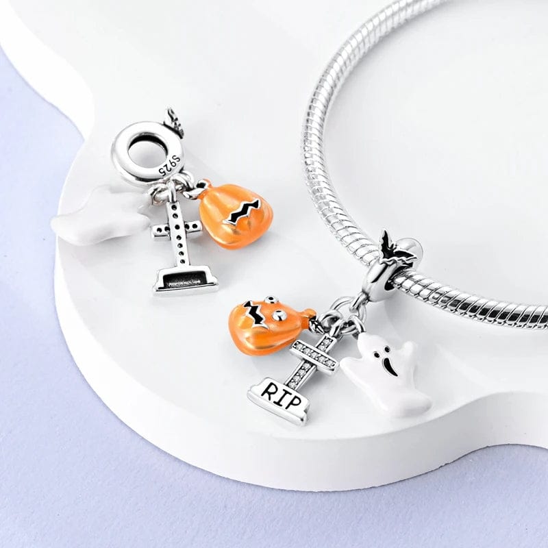 Pangama Jewelry Halloween Charm with Pumpkin, Ghost, and RIP Tombstone
