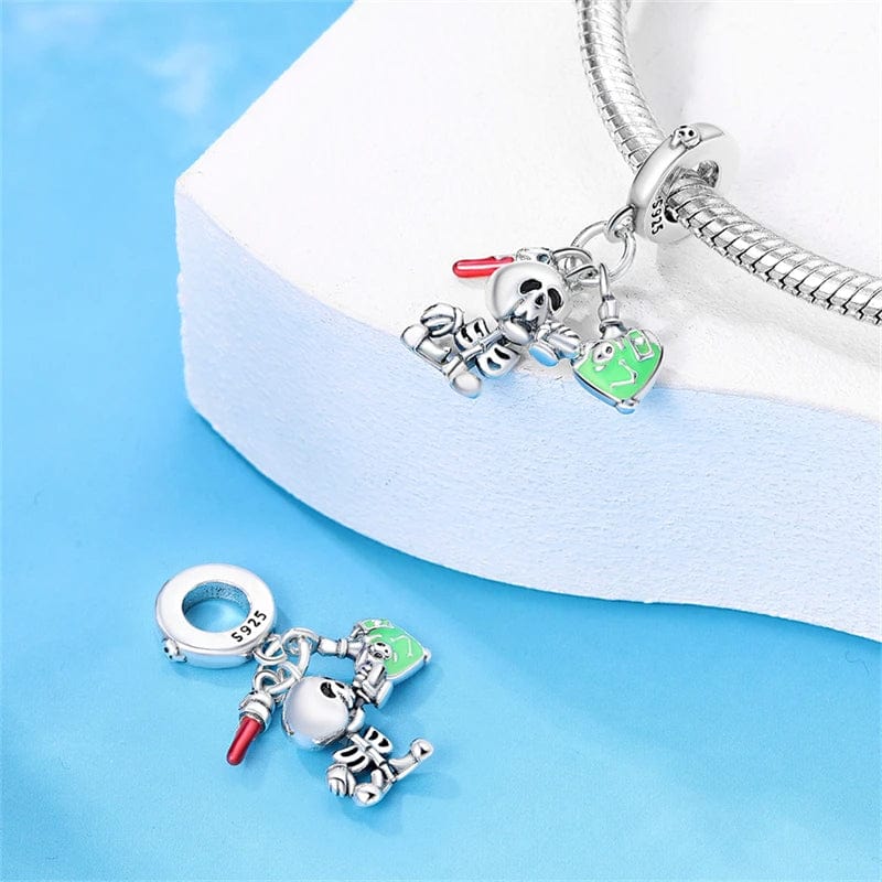 Pangama Jewelry Halloween Skeleton wih Green Heart Triple Dangle Charm