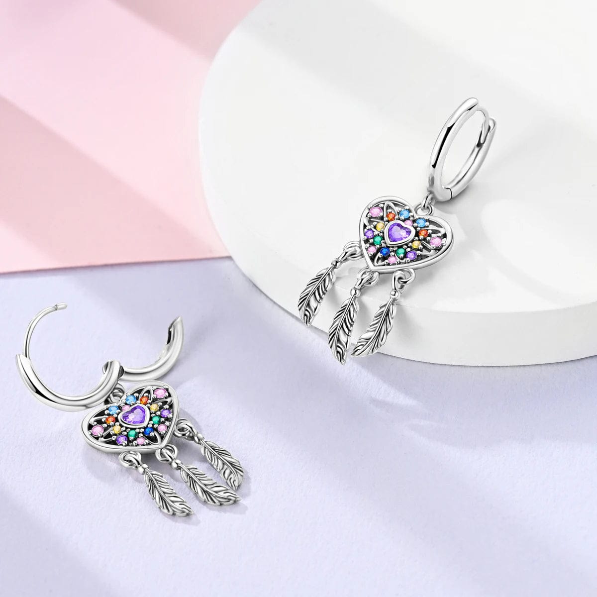 Pangama Jewelry Heart Dreamcatcher Earrings with Multicolored Gemstones