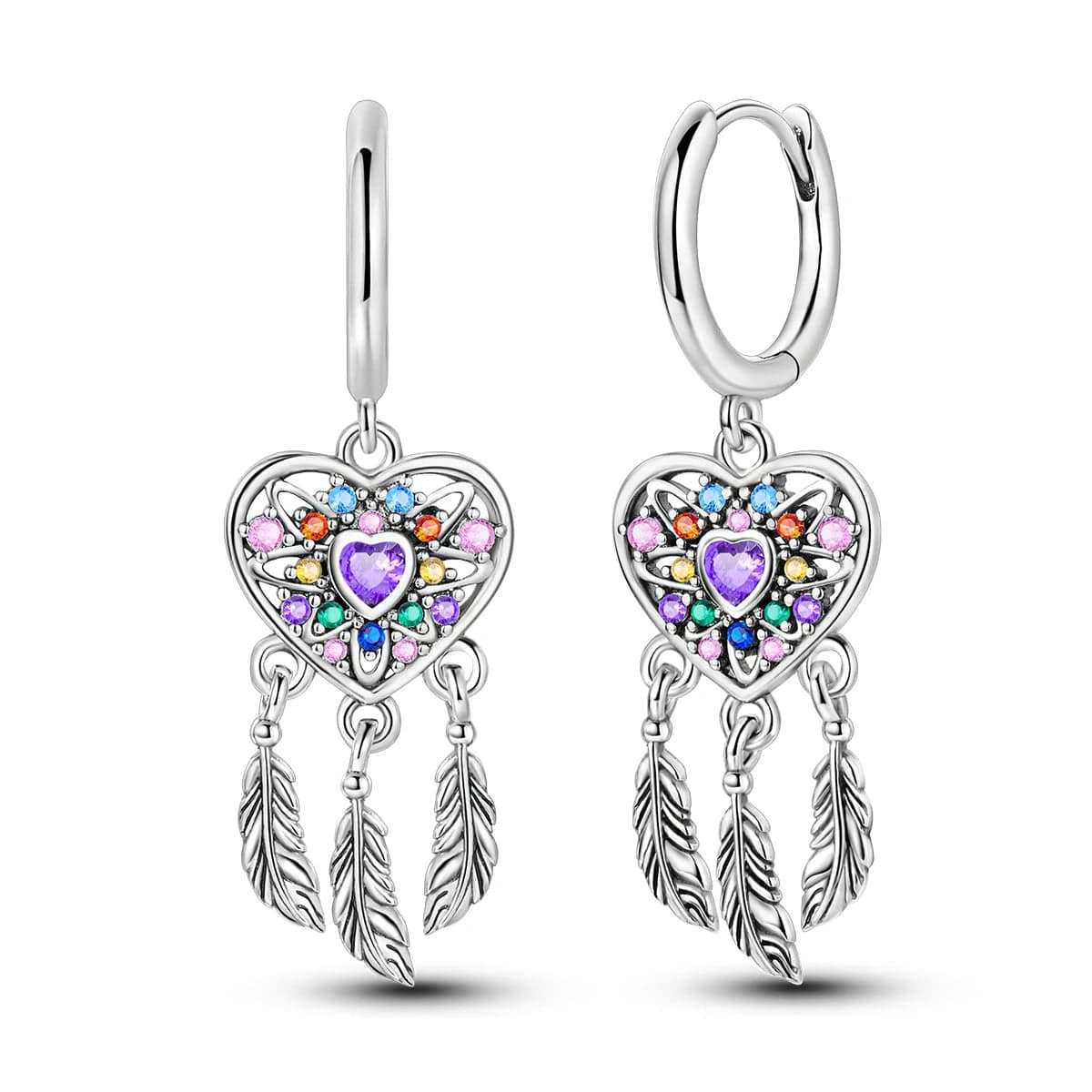 Pangama Jewelry Heart Dreamcatcher Earrings with Multicolored Gemstones