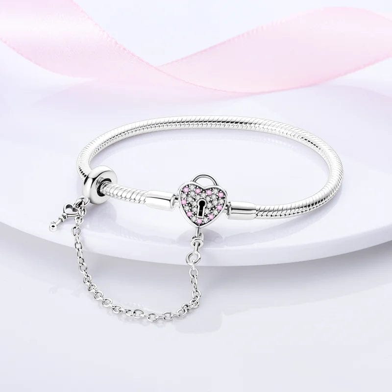 Pangama Jewelry Heart Lock Charm Bracelet with Pink Accents and Safety Chain