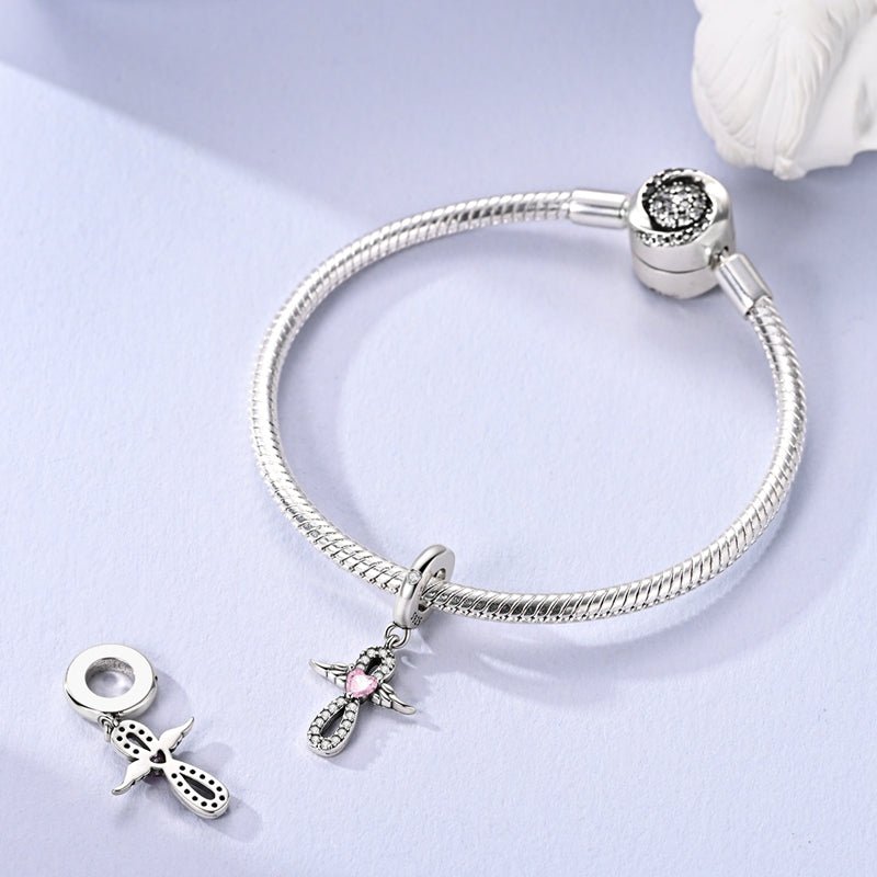 Pangama Jewelry Infinity Angel Wings with Pink Heart Dangle Charm