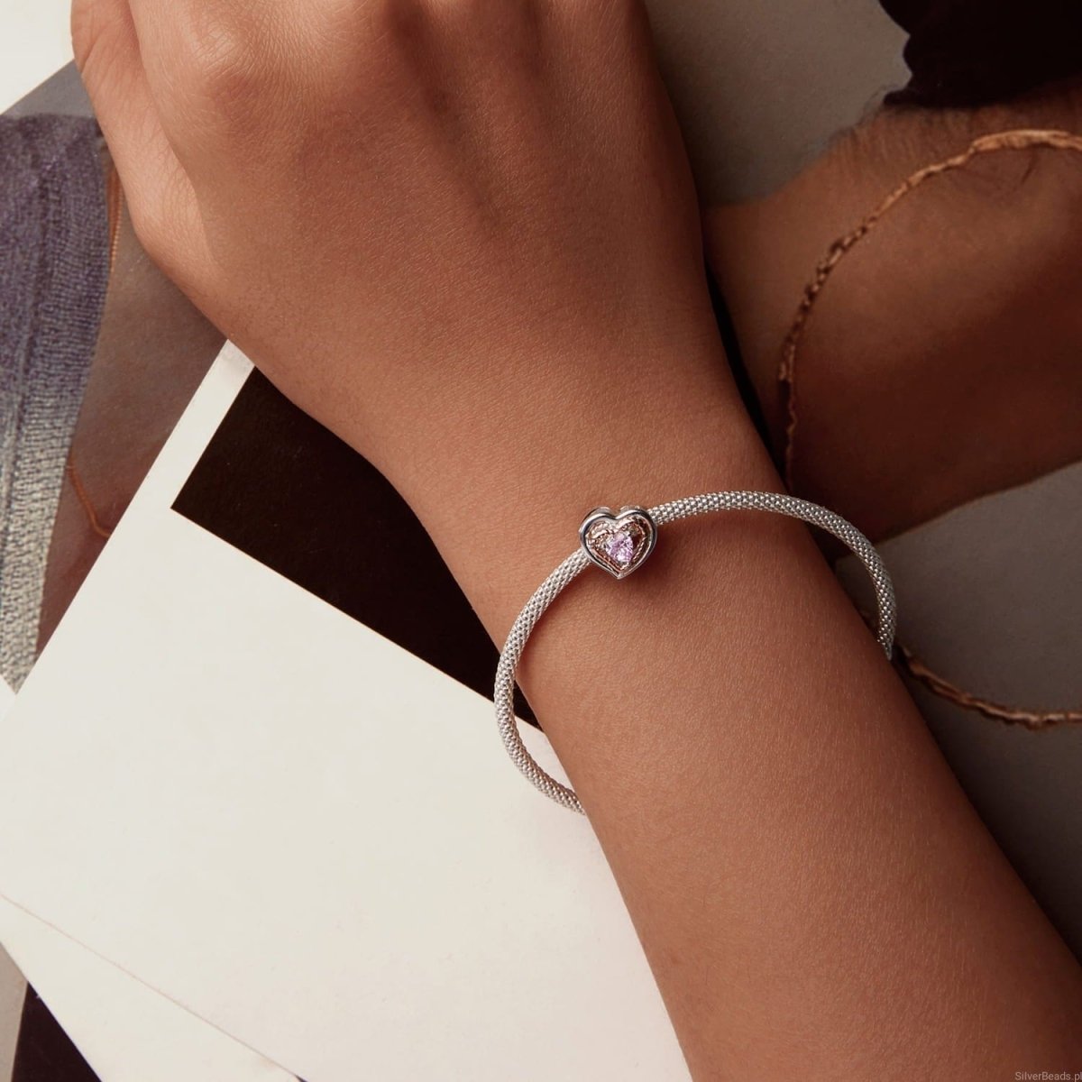 Pangama Jewelry Intertwined Rose Gold & Silver Heart with Pink Crystal Heart Charm