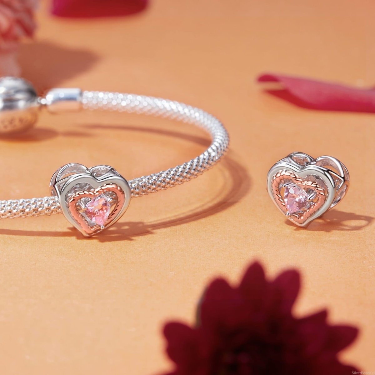 Pangama Jewelry Intertwined Rose Gold & Silver Heart with Pink Crystal Heart Charm