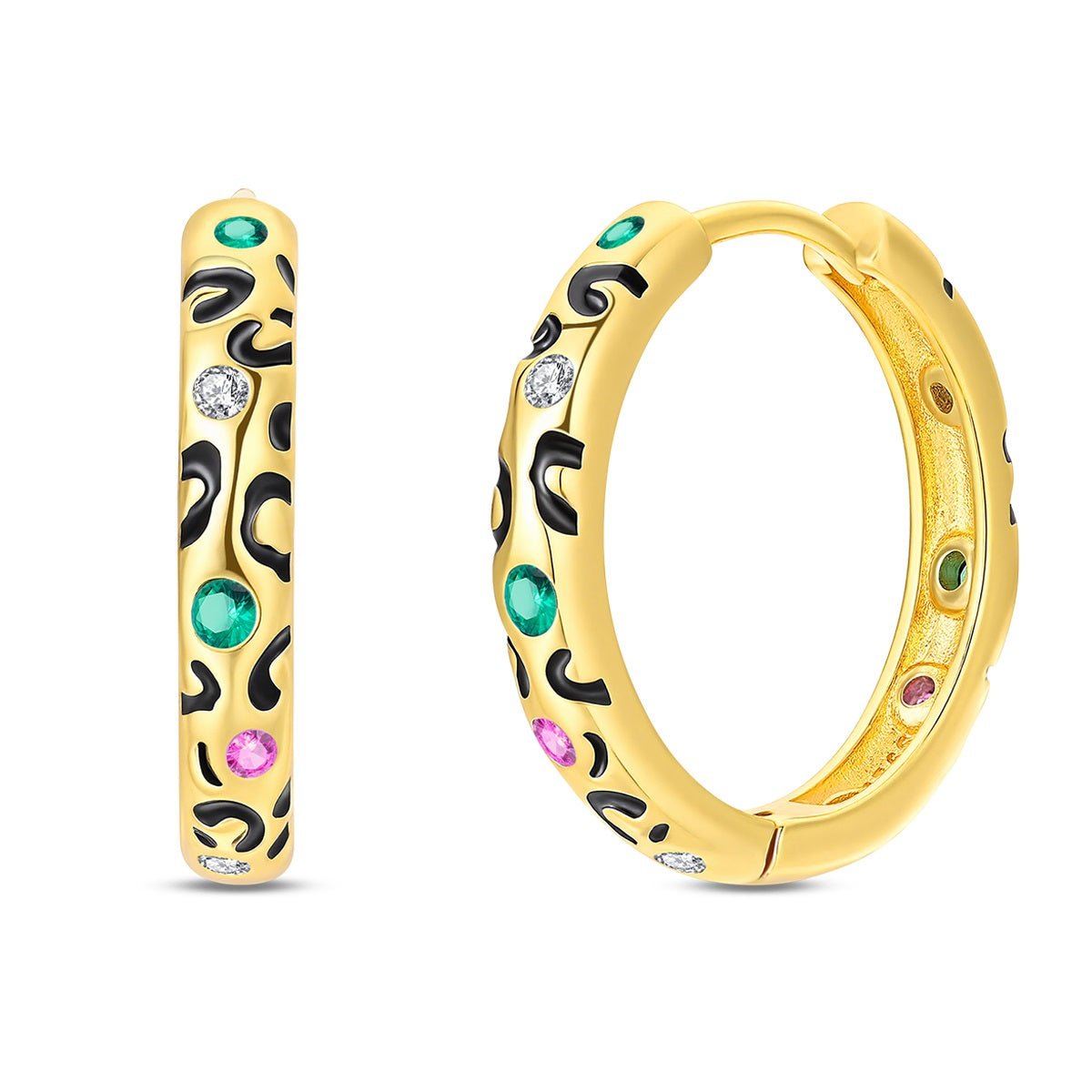 Pangama Jewelry Leopard Print Gold Hoop Earrings with Multicolor Stones