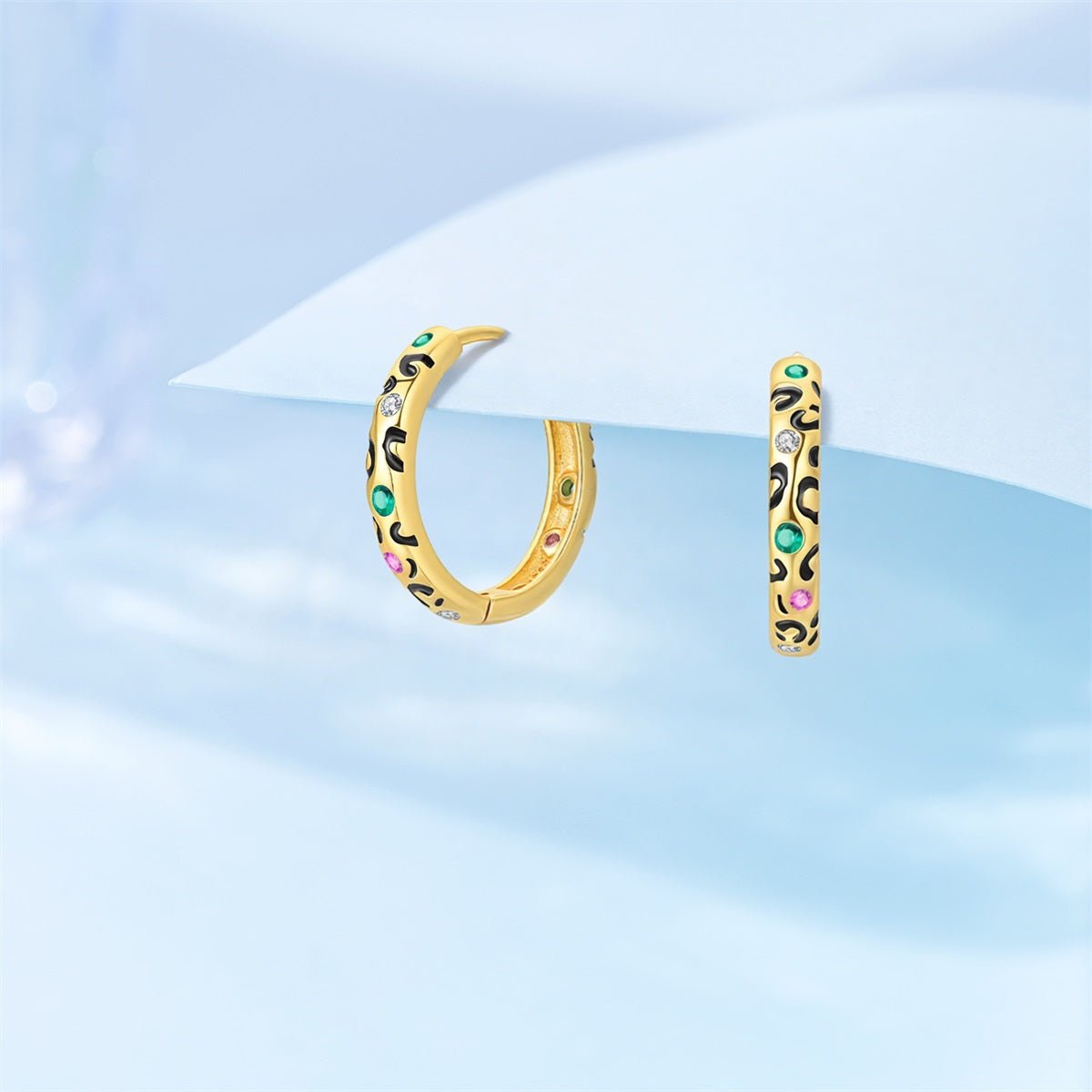Pangama Jewelry Leopard Print Gold Hoop Earrings with Multicolor Stones