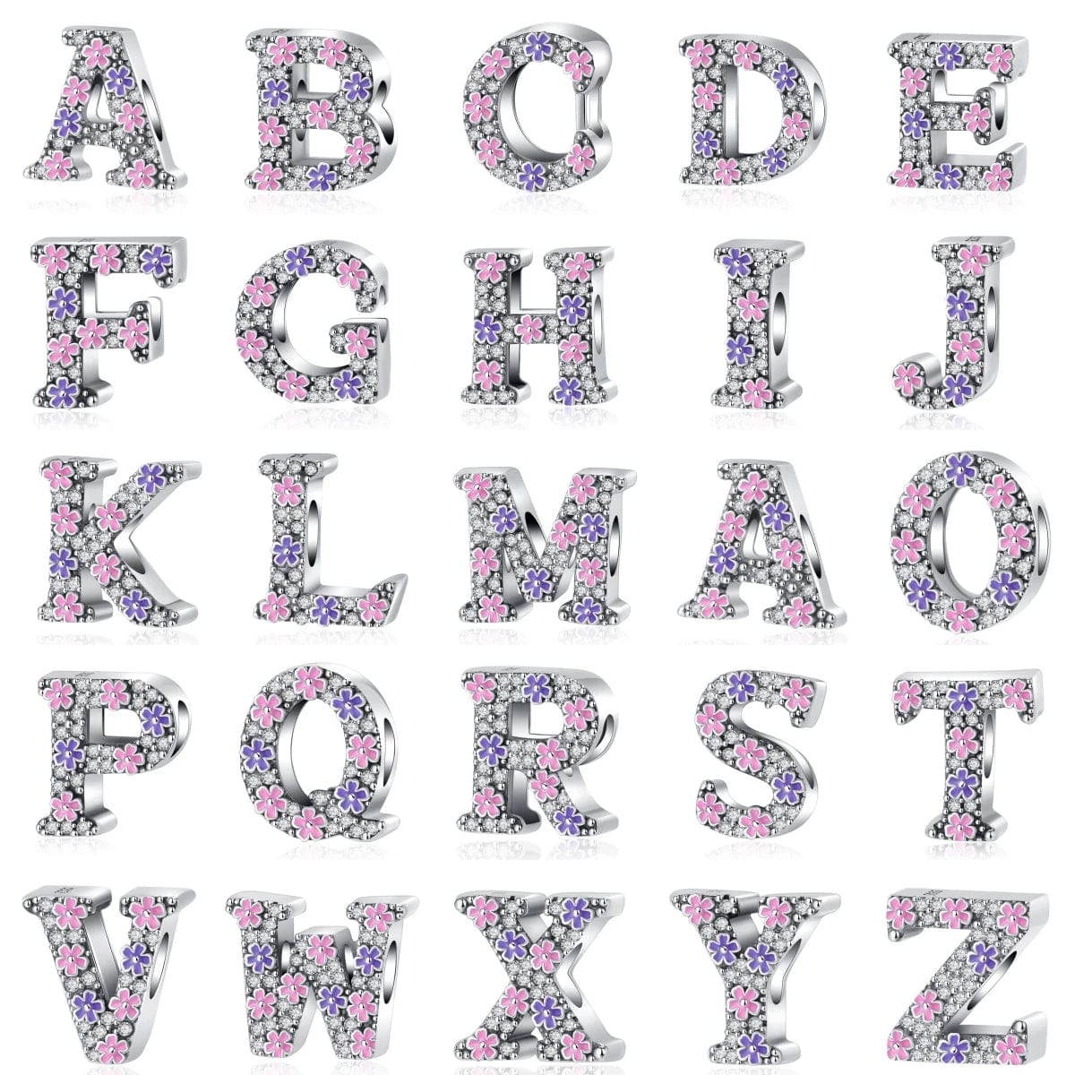 Pangama Jewelry Pink & Purple Flower Letter A~Z Alphabet Charm