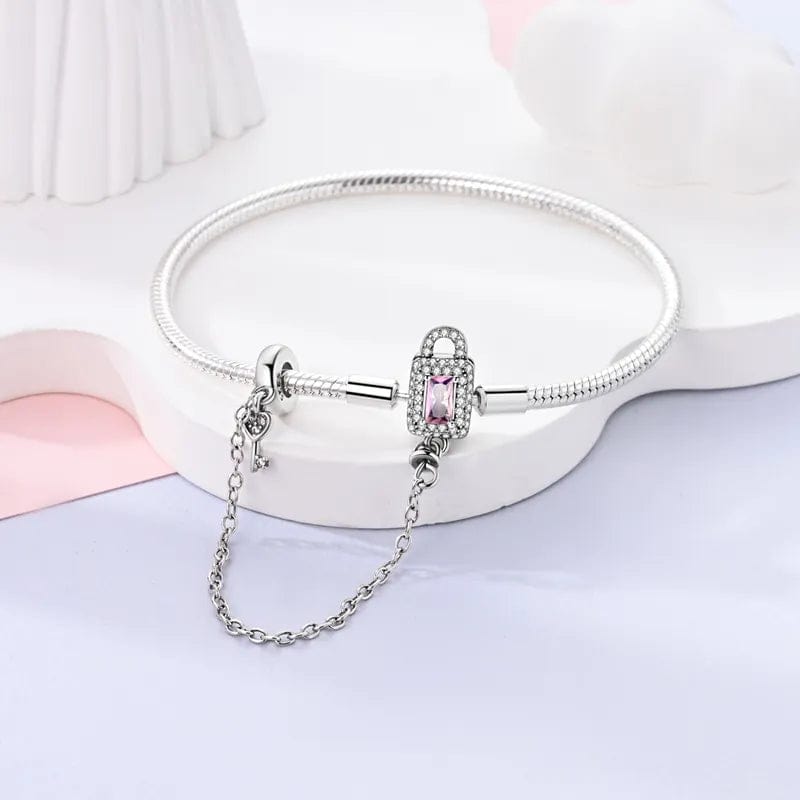 Pangama Jewelry Lock and Key Bracelet with Pink Crystal and Safety Chain