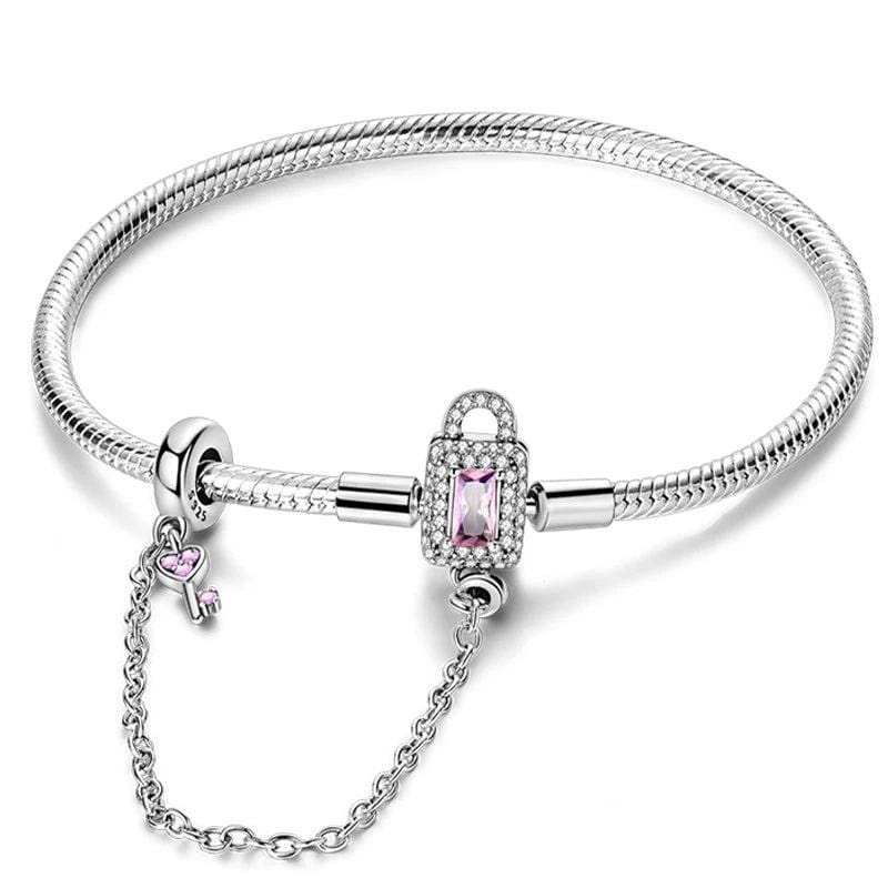Pangama Jewelry Lock and Key Bracelet with Pink Crystal and Safety Chain
