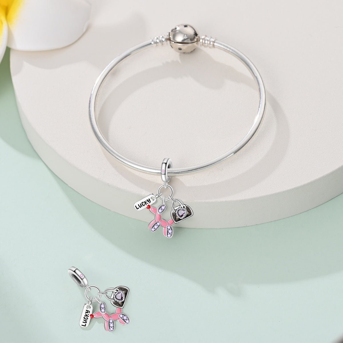 Pangama Jewelry Lucky Balloon Animal, Heart Bag, & Lucky Tag Triple Dangle Charm