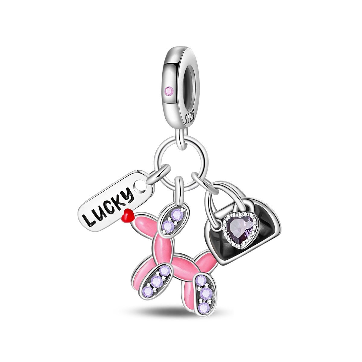 Pangama Jewelry Lucky Balloon Animal, Heart Bag, & Lucky Tag Triple Dangle Charm