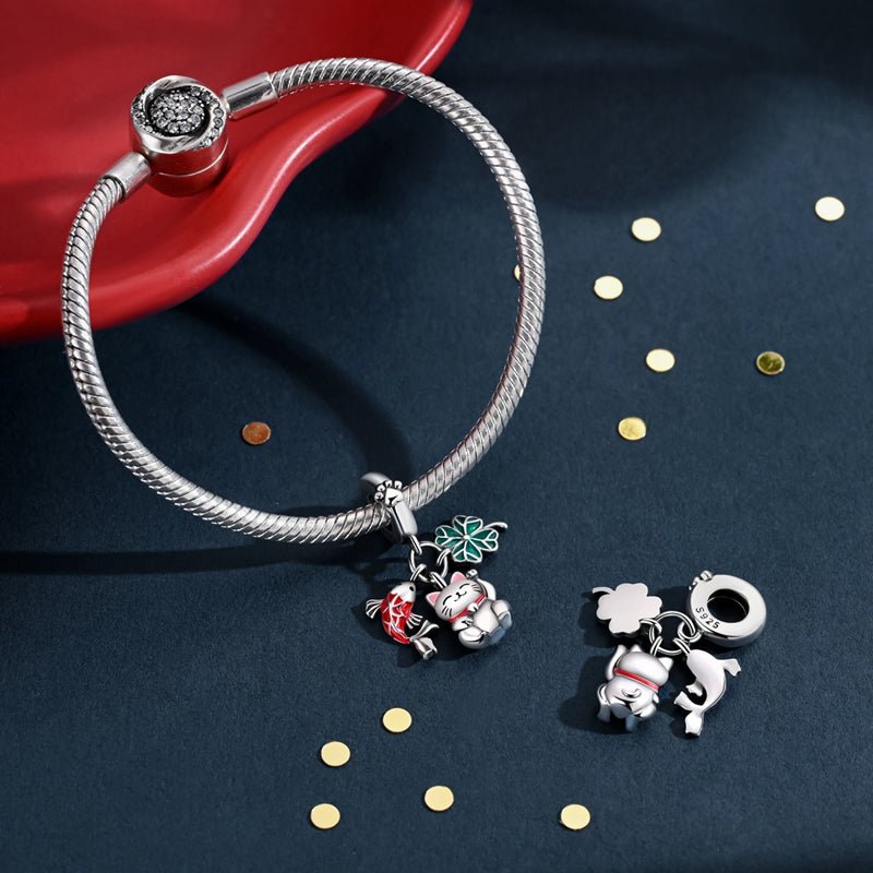 Pangama Jewelry Lucky Cat, Koi Fish, & Four - Leaf Clover Dangle Charm