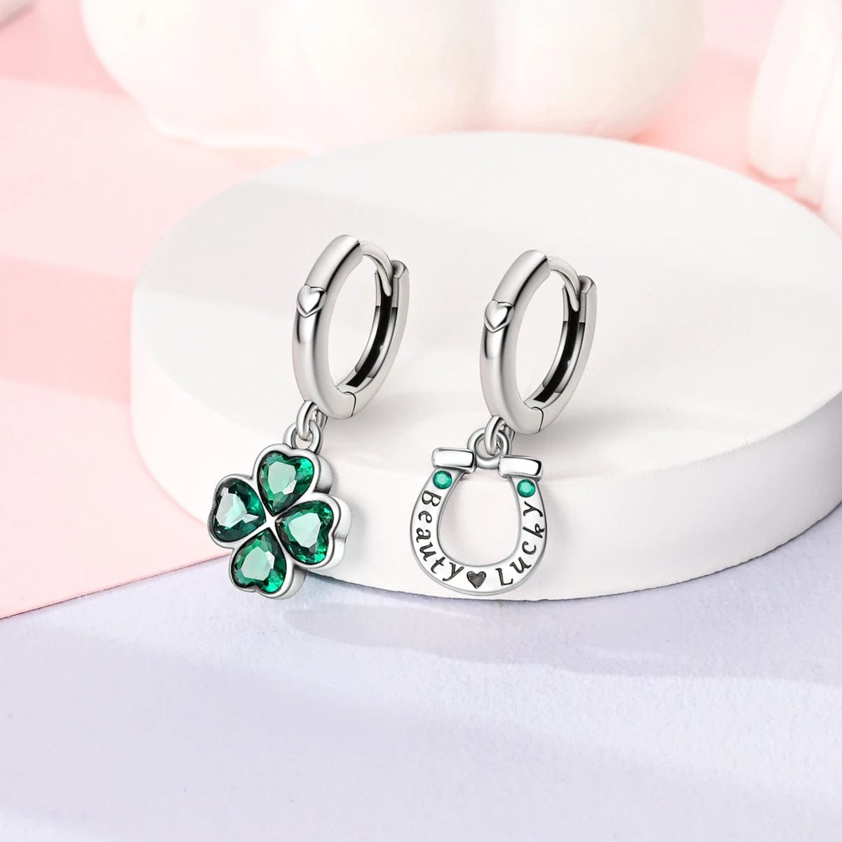 Pangama Jewelry Lucky Clover & Horseshoe Hoop Earrings with Green Crystals