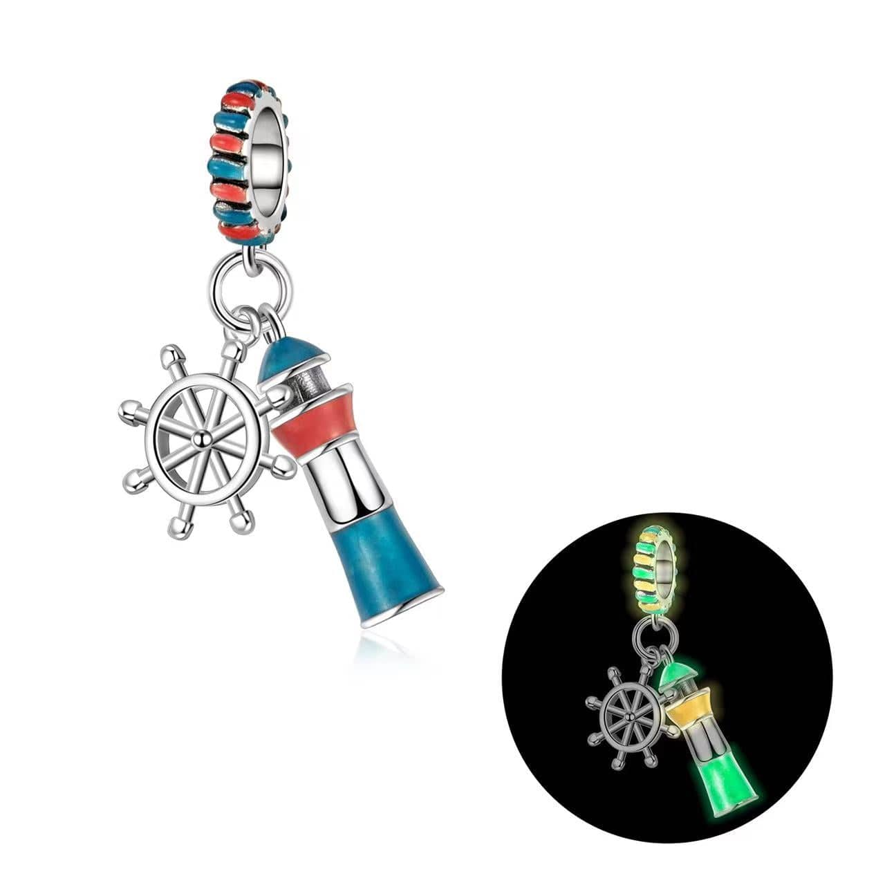 Pangama Jewelry Luminous Blue Lighthouse & Ship’s Wheel Dangle Charm