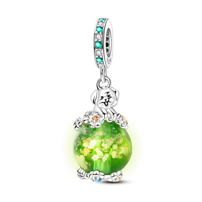 Pangama Jewelry Luminous Dog with Green Crystal Globe Dangle Charm