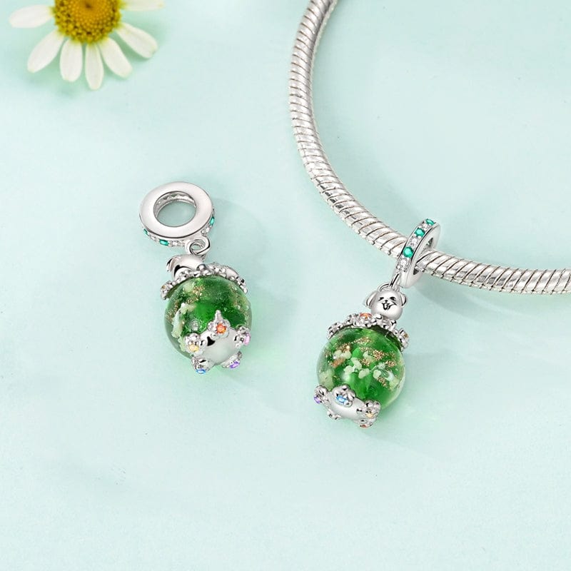 Pangama Jewelry Luminous Dog with Green Crystal Globe Dangle Charm