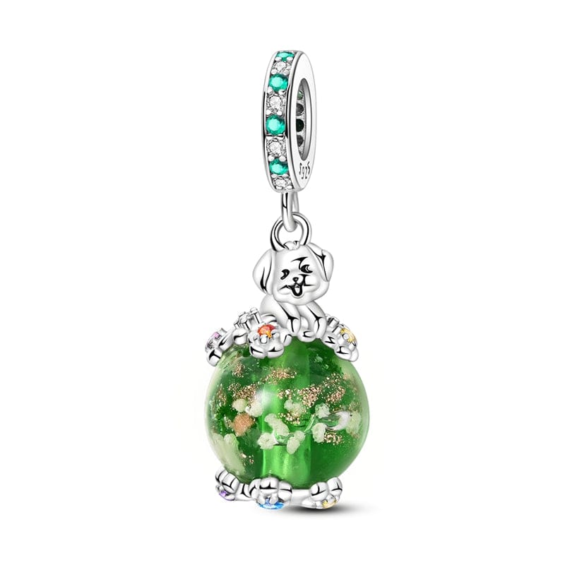 Pangama Jewelry Luminous Dog with Green Crystal Globe Dangle Charm