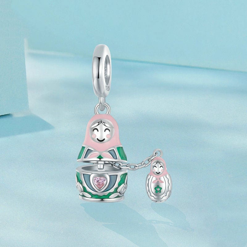 Pangama Jewelry Matryoshka Doll with Opening Design & Crystal Heart Dangle Charm