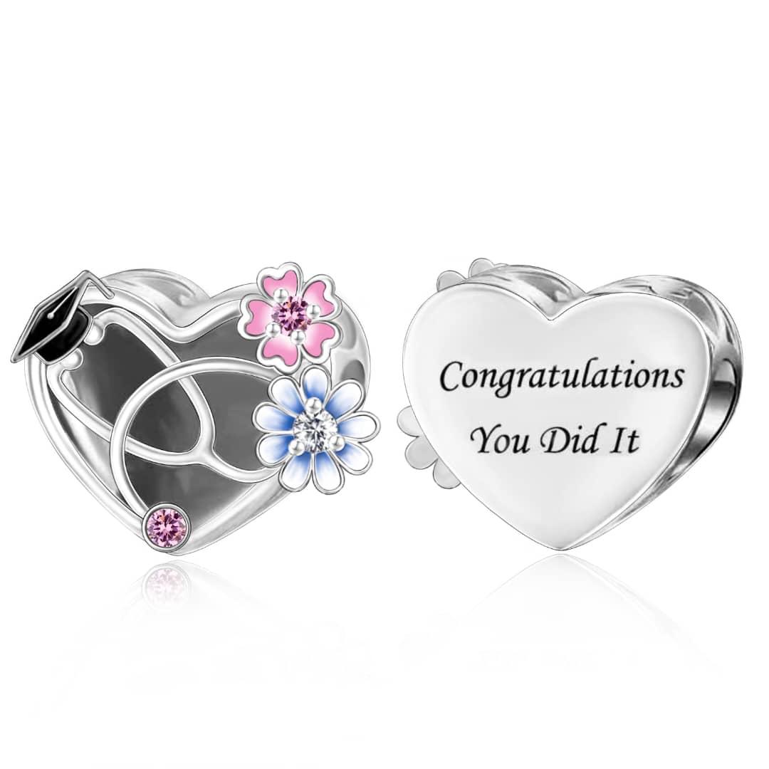 Pangama Jewelry Medical Graduation Stethoscope & Flowers "Congratulations You Did It" Heart Charm