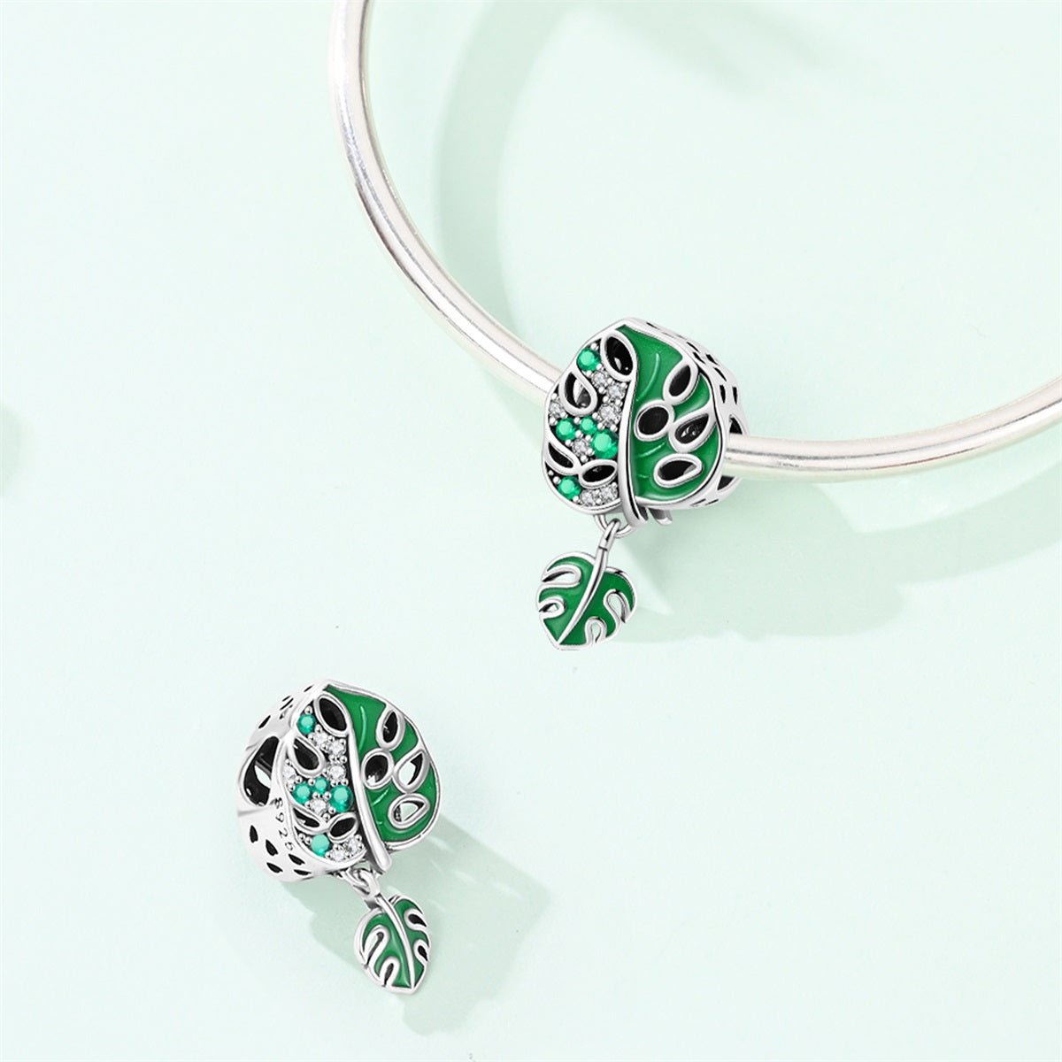 Pangama Jewelry Monstera Leaf & Green Crystal Dangle Charm