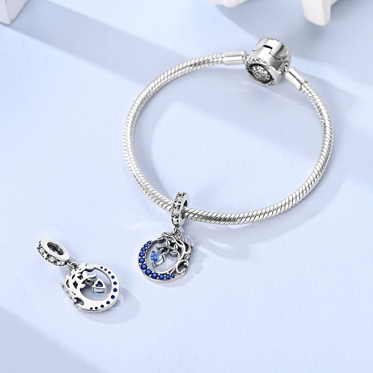 Pangama Jewelry Moon & Tree of Life with Blue Heart Dangle Charm