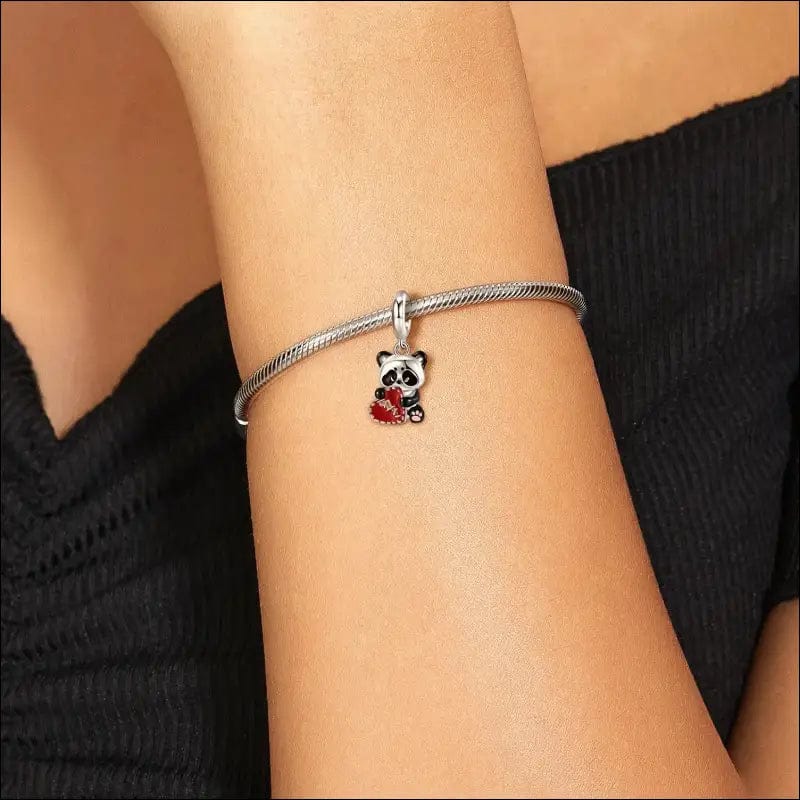 Pangama Jewelry Panda Hugging Stitched Red Heart Dangle Charm