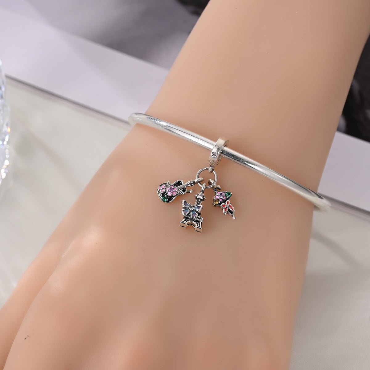 Pangama Jewelry Parisian Guitar, Eiffel Tower, Butterfly, & Floral Ice Cream Triple Dangle Charm