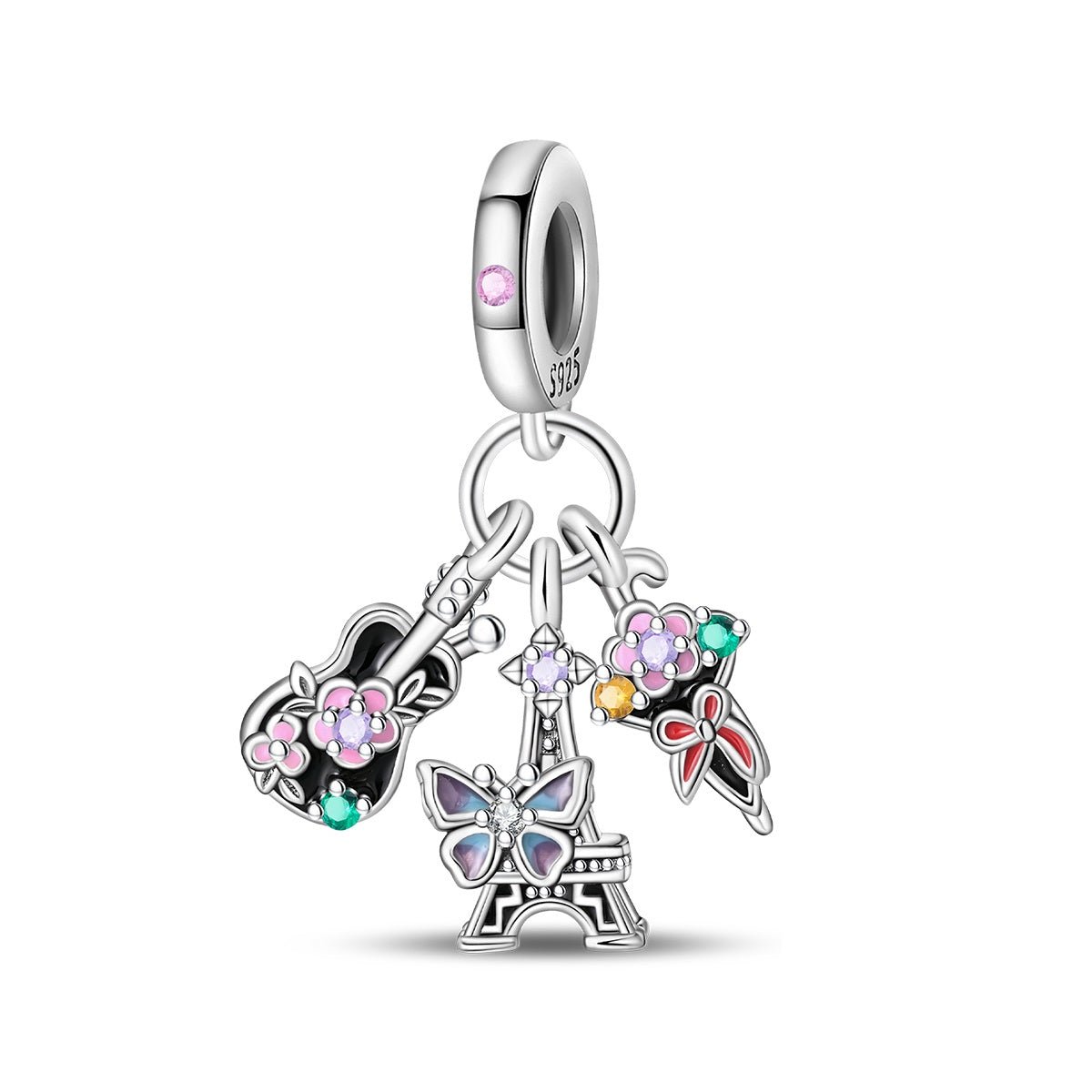 Pangama Jewelry Parisian Guitar, Eiffel Tower, Butterfly, & Floral Ice Cream Triple Dangle Charm