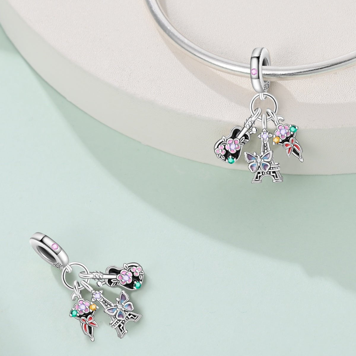 Pangama Jewelry Parisian Guitar, Eiffel Tower, Butterfly, & Floral Ice Cream Triple Dangle Charm