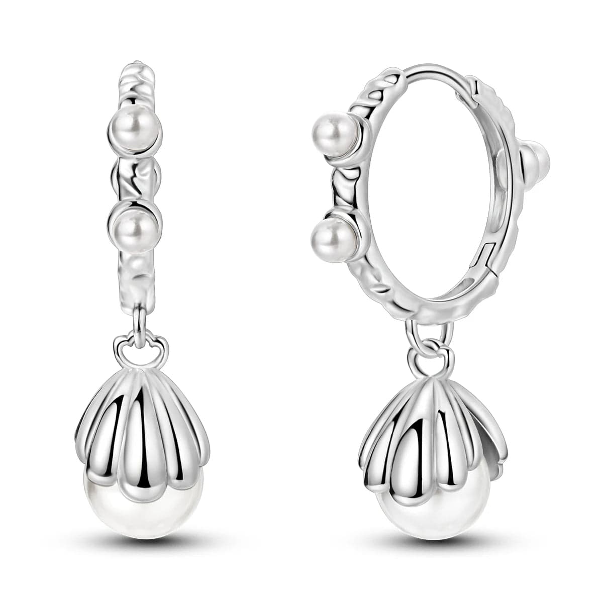 Pangama Jewelry Pearl Drop Hoop Earrings with Floral Shell Design