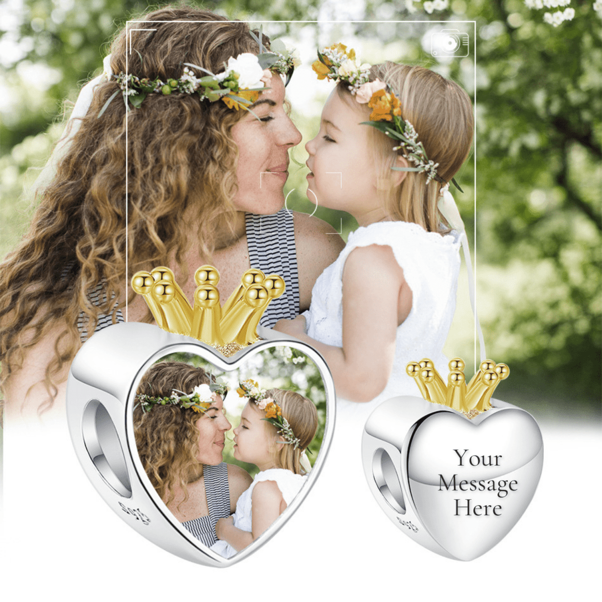 Pangama Jewelry Personalized Crown Heart Photo & Engraving Charm