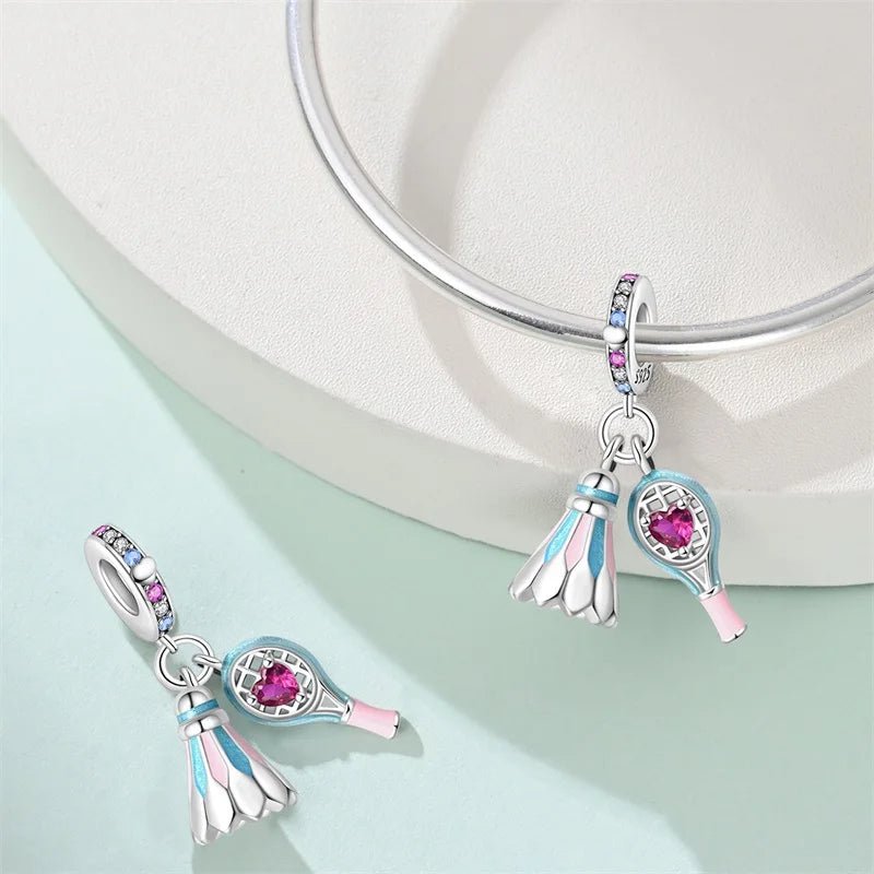 Pangama Jewelry Pink Badminton Racket & Shuttlecock Dangle Charm