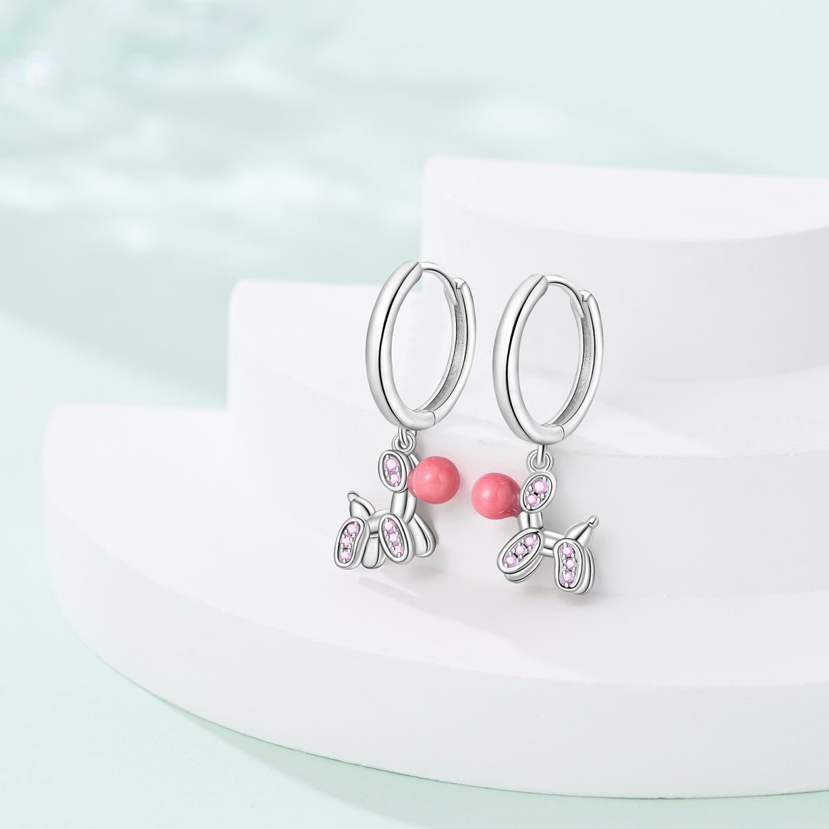 Pangama Jewelry Pink Balloon Dog with Crystal Accents Hoop Earrings