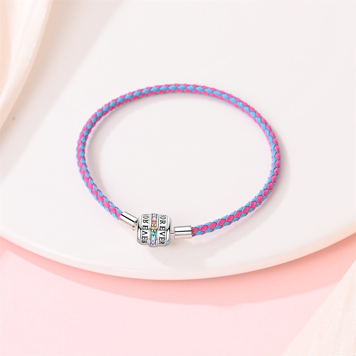 Pangama Jewelry Pink & Blue Braided Leather Bracelet with Forever Clasp