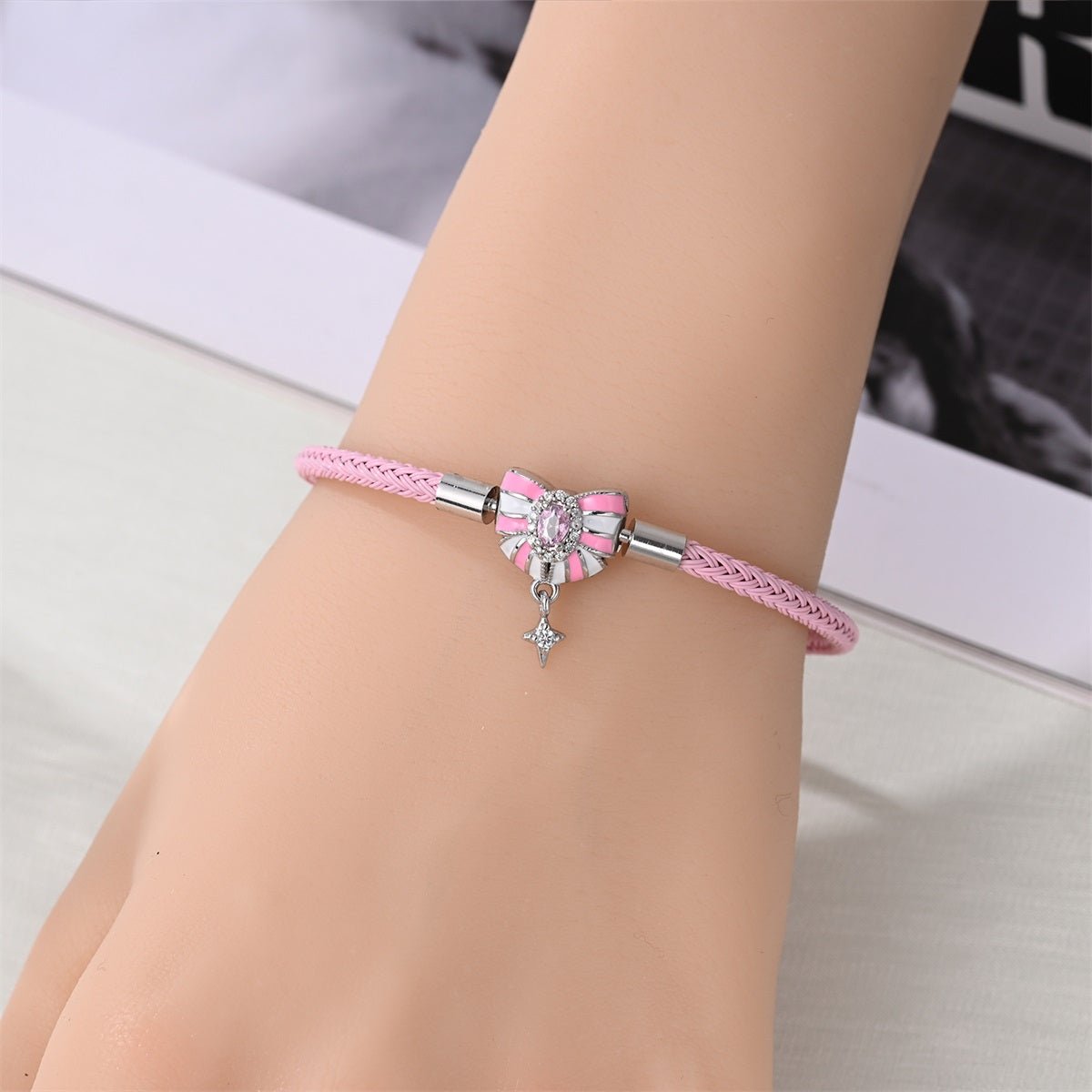 Pangama Jewelry Pink Bow & Star Dangle Leather Bracelet