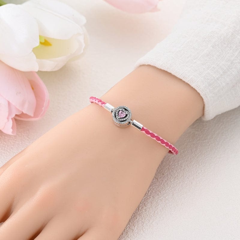 Pangama Jewelry Pink Braided Leather Bracelet with Heart Clasp