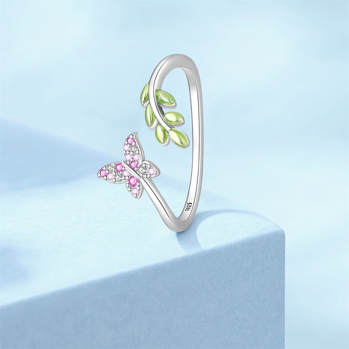 Pangama Jewelry Pink Butterfly & Green Leaf Adjustable Ring