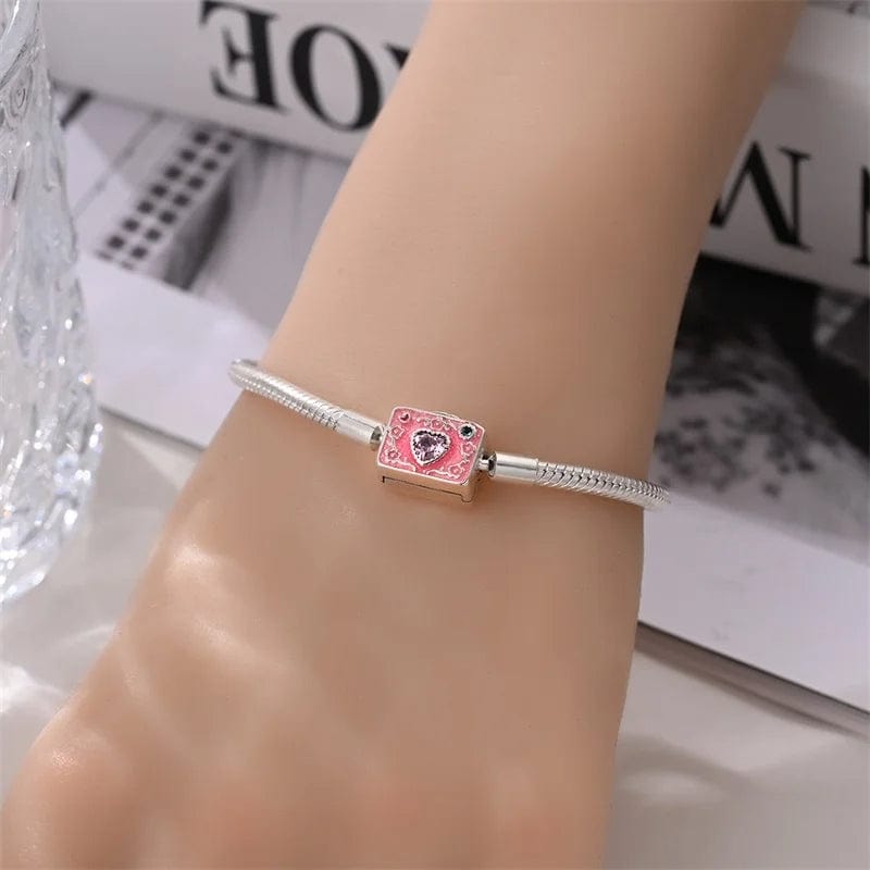 Pangama Jewelry Pink Camera Crystal Heart Snake Chain Bracelet